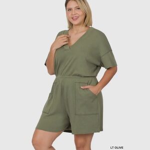 Lt Olive Plus Size Drop Shoulder V-Neck Romper with Pockets